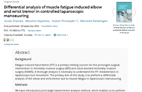 Differential analysis of muscle fatigue induced elbow and wrist tremor in controlled laparoscopic manoeuvring